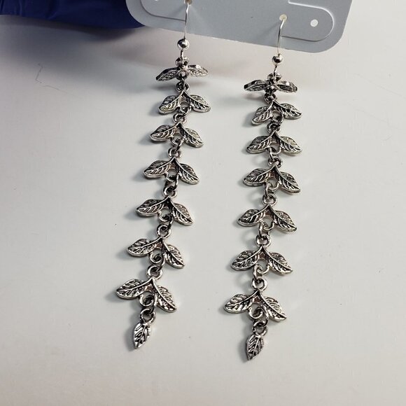 3.75 Inch Textured Metal Leaves Design Drop Dangle Earrings - Silver Tone Finish - Picture 7 of 9